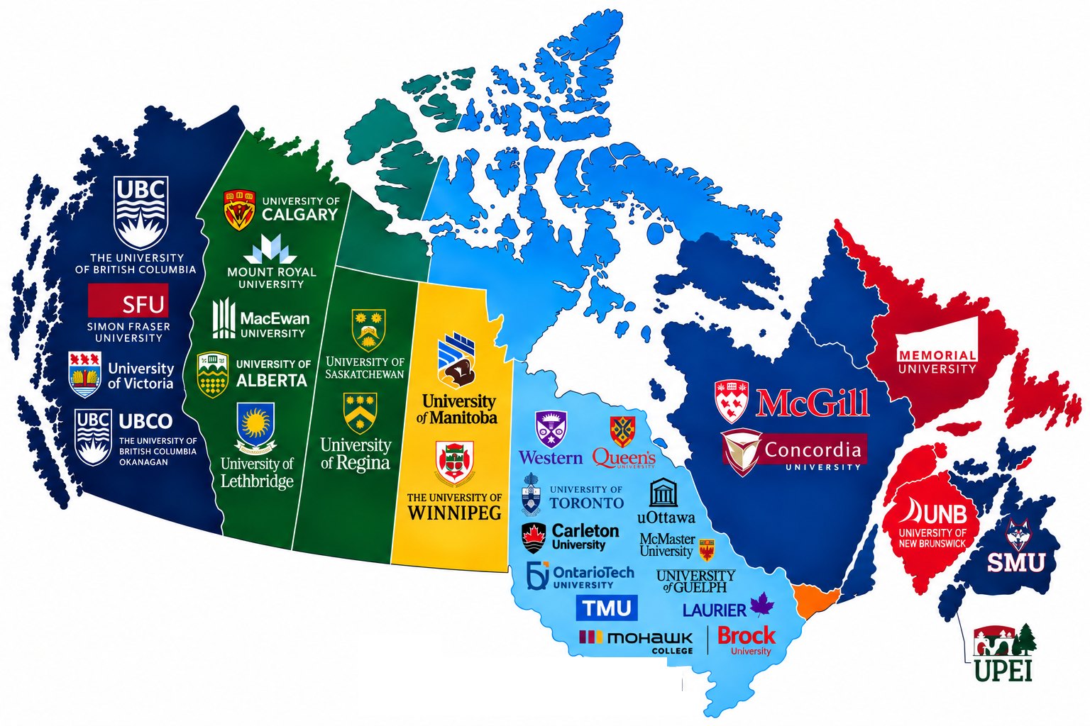 Map of Canada showing the universities and colleges where Grad Media students work
