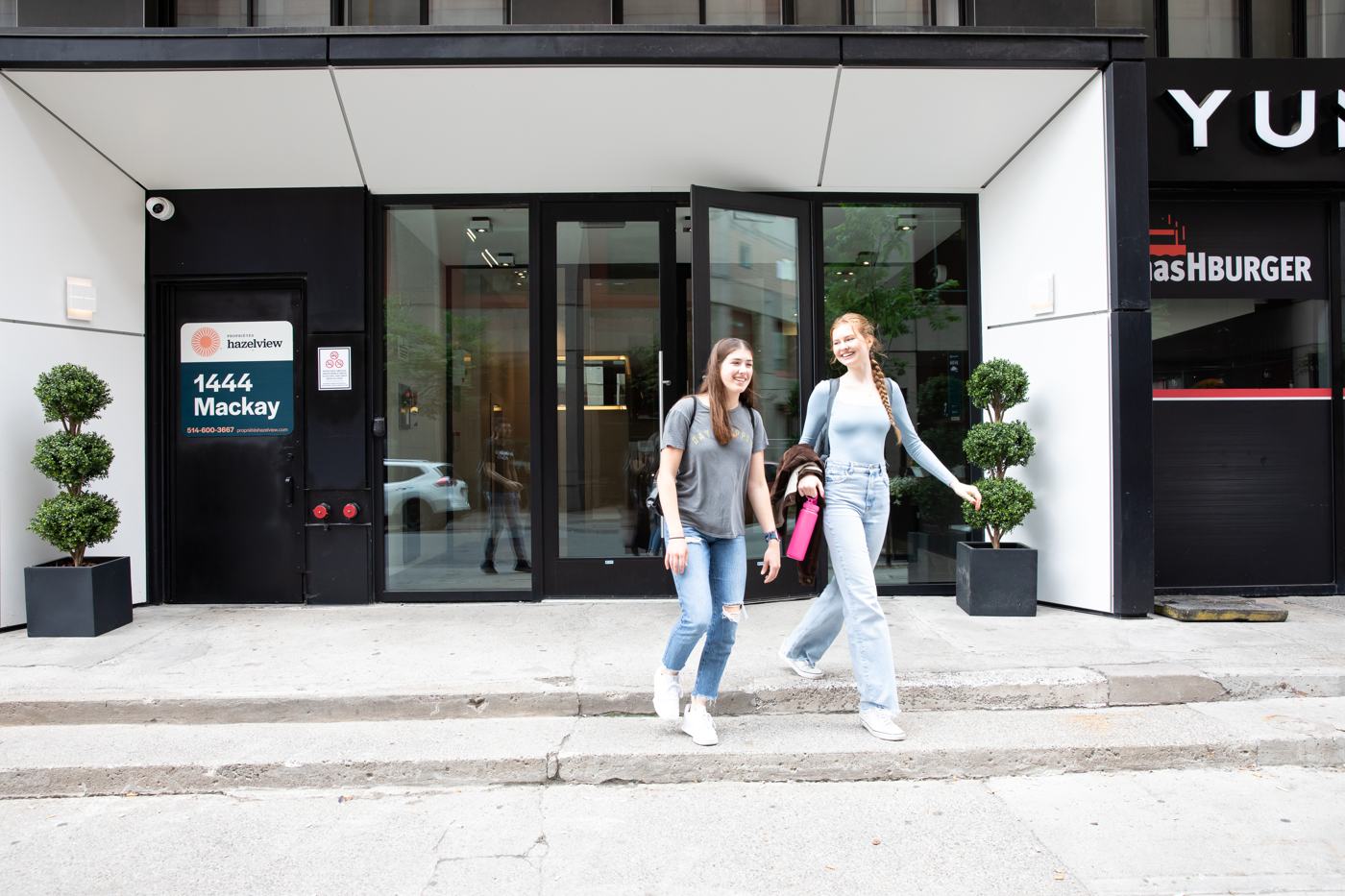 Students walking out of a Hazelview building in Montreal