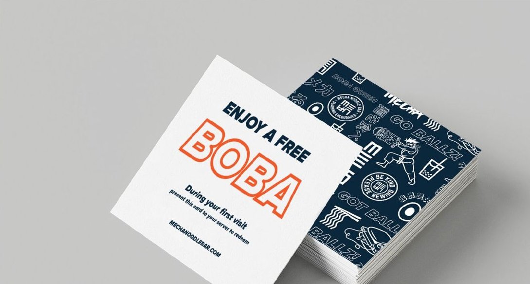 Free boba promo card designed for Mecha Noodle Bar