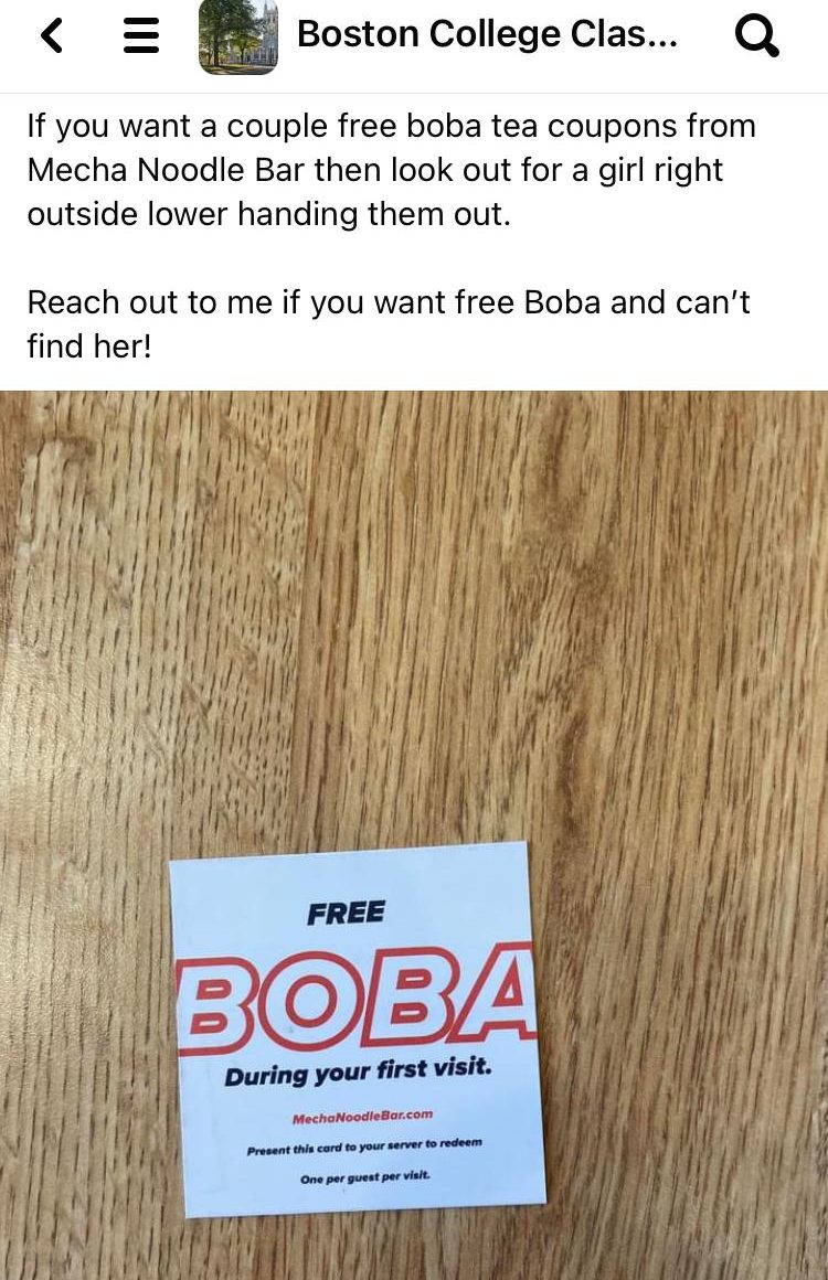 A student sharing the free boba offer in a Boston College group